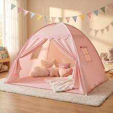 Kids Full Size Bed Tent With Star Lights & Flags - Indoor Playhouse Canopy For Toddlers Boys & Girls, Cozy Bed Canopy For Playroom Reading Nook, Perfect Gift For Children's Bedroom Decor - Pink - View 1