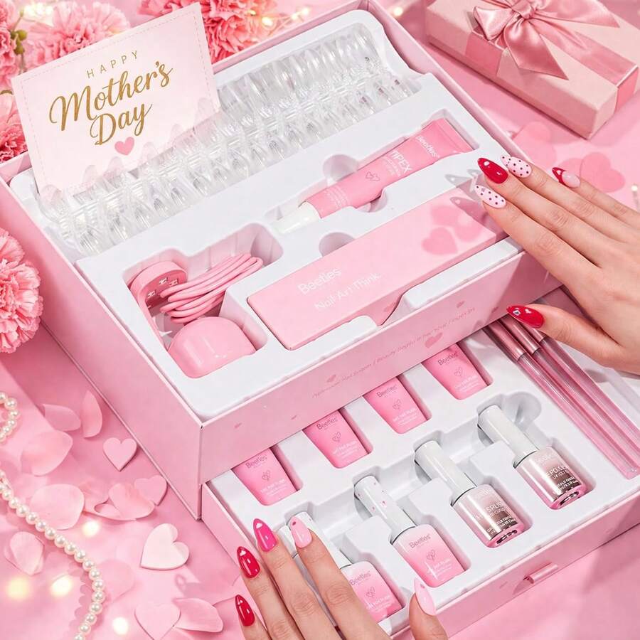 192Pcs 6 Colors Beetles Tipex Lite Heart Cutout Nail Kit, Medium Almond & Stiletto Pre-Built Apex Nail Tips, Full Gel Nail Starter Set With UV Lamp, Base Top Coat & Glue Gel, DIY Nail Art Manicure - Heart Cutout Nail Kit - 查看 1