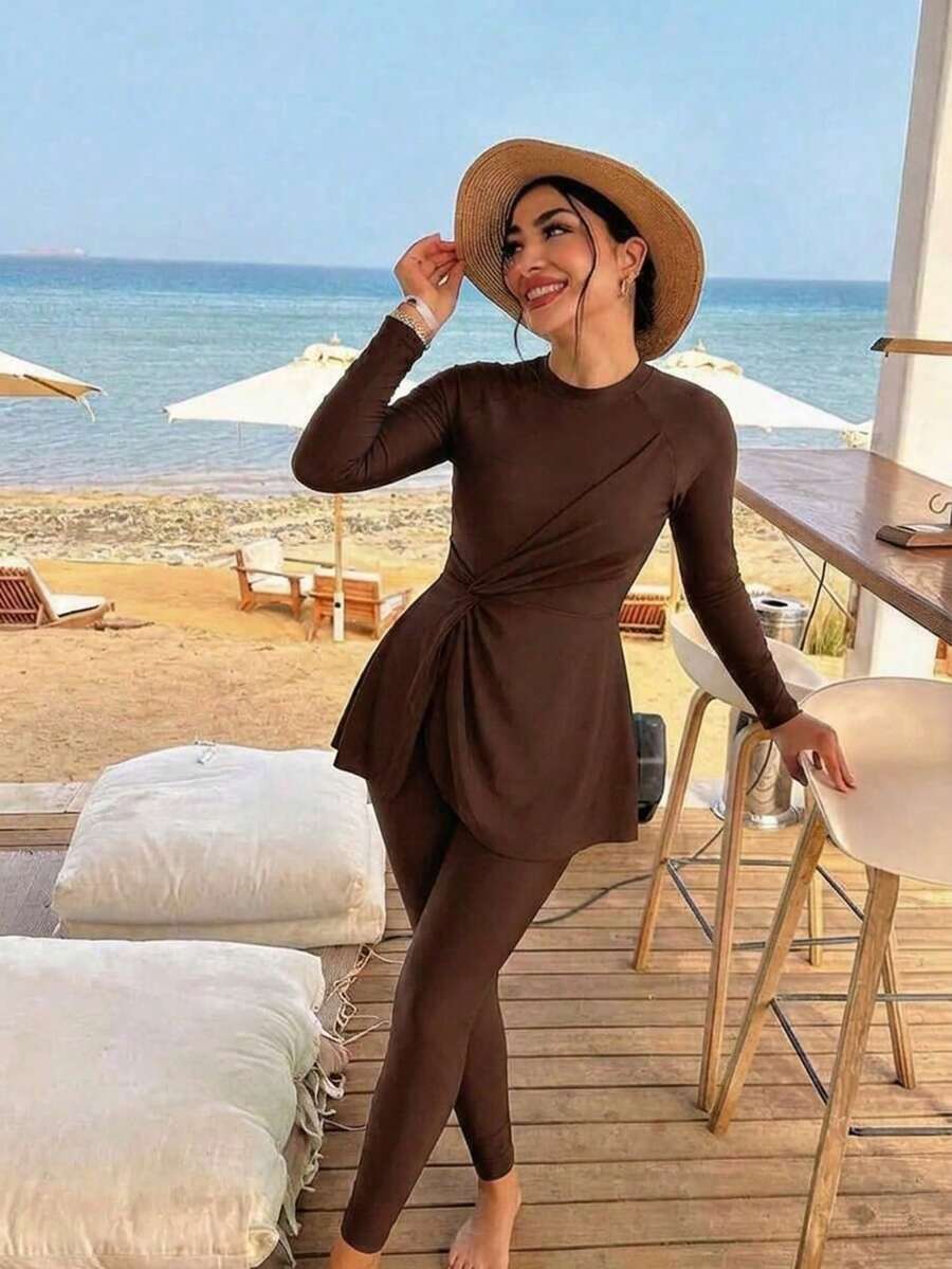 Solid Color Side Twist Long Sleeve Top And Pants Bikini Set, Suitable For Beach Vacation Summer - Brown - View 1