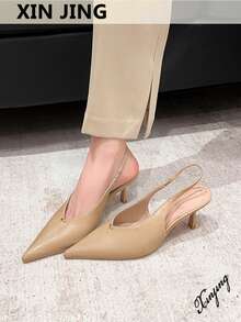 Xin Jing Shoes 新款春夏女士高跟凉鞋，时尚百搭尖头V领婚礼派对日常通勤露趾细高跟鞋 - 卡其色 - 查看 2