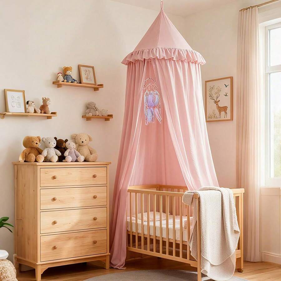 Princess Style Children's Bed Canopy, Indoor Tent With Round Top, Hanging Mosquito Net With Ruffle Trim, Dust-Proof Mosquito Net - Pink (with Hook) - View 1