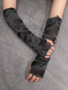 1pair Women's Distressed Long Fingerless Gloves For Everyday And Party Use Halloween Summer - 灰色 - 查看 8