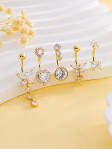Bộ 5 khuyên rốn bằng thép không gỉ và đế đồng hình trái tim và bướm đính đá Zirconia, thích hợp sử dụng hàng ngày, dự tiệc hoặc làm quà tặng ngày lễ. - 1 bộ gồm 5 khuyên rốn - Xem 13