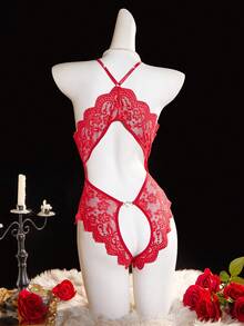 Deep V Lace Backless Bodysuit, Crotchless Open Bra Erotic Lingerie & Underpants, Women's Sexy Clothing - Red - View 2