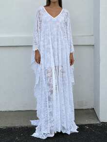 Vestido Kaftan Largo de Encaje Floral para Mujer, Cuello en V y Manga Murciélago, Holgado y Fluido para Playa en Verano - Blanco - Ver 2