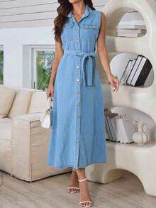 Đầm denim không tay cài cúc dáng dài ngang gối dành cho nữ, cổ áo và có túi, kiểu dáng chữ A thắt dây thoải mái, thích hợp cho mùa xuân. - Rửa nhẹ - Xem 10