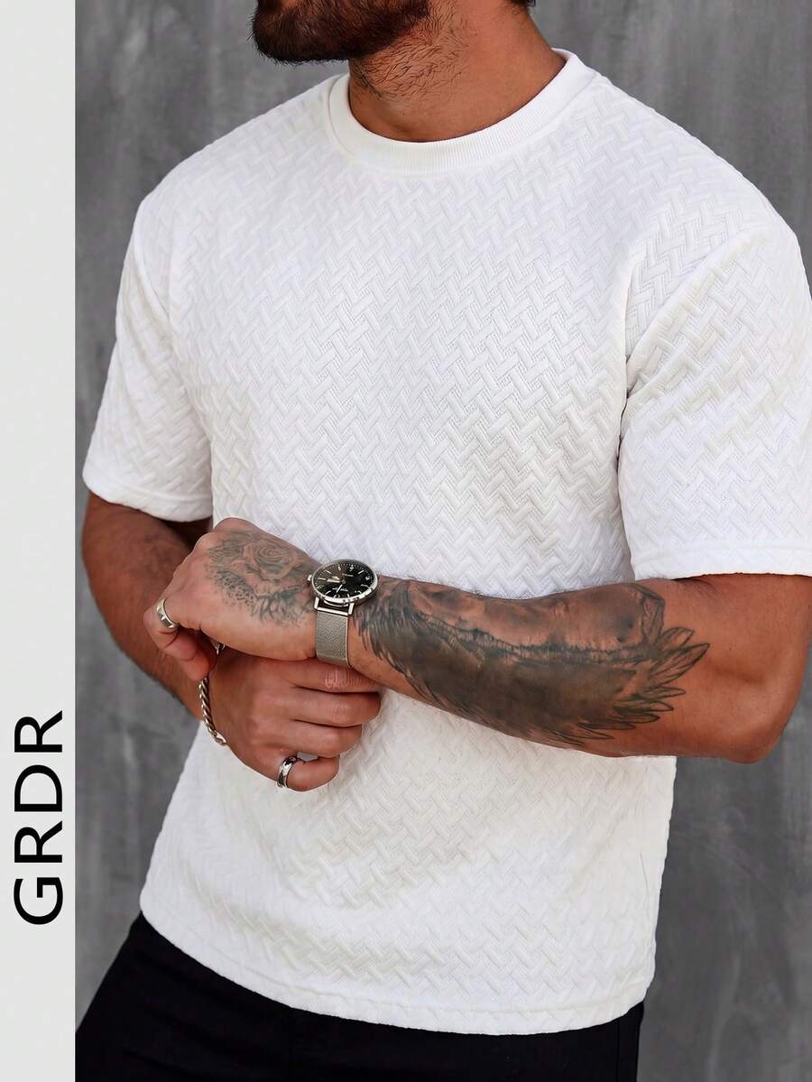 GRDR Camiseta de manga corta de unicolor con textura de moda casual para hombres, para primavera/verano - Blanco - Ver 1