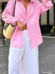 Blusa de lino rosa verano Look Polly, blusa holgada de manga larga con un solo botonadura, top versátil casual para playa y vacaciones de primavera - Rosa - Ver 8