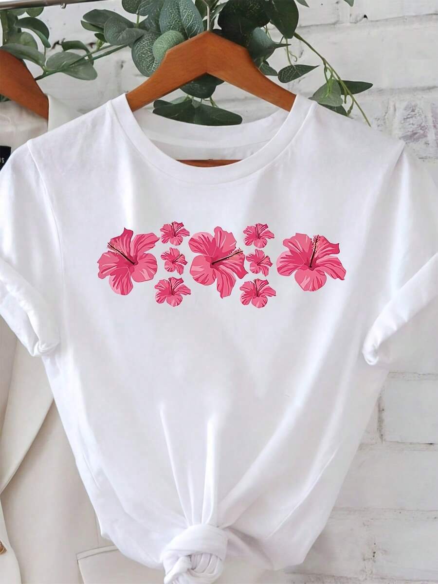 Women's Hibiscus Flower T-Shirt - Short Sleeve Beach Vacation Top With Hibiscus Print, Medium Stretch Casual Blouse Tee Suitable For Summer Outfits, Spring Daily Wear & Hawaiian Outfits - 白色 - 查看 1
