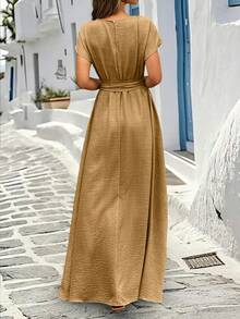 Vestido largo de línea A con textura de lino sintético y drapeado para mujer - Camel - Ver 5