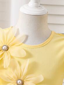 Girls' Best-Selling Light Yellow Mesh A-Line Princess Dress, V-Neck Zipper Design, Sweet Casual Cute Style, Spring/Summer - Yellow - View 3