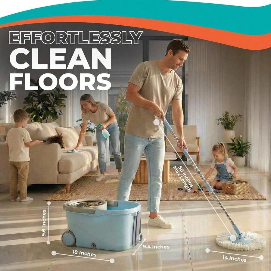 Spin Mop & Bucket Set - 360° Self-Wringing System With Wheels, StainlSteel Handle - Hands-Free Floor Cleaning For Hardwood, Tile - A - 查看 1