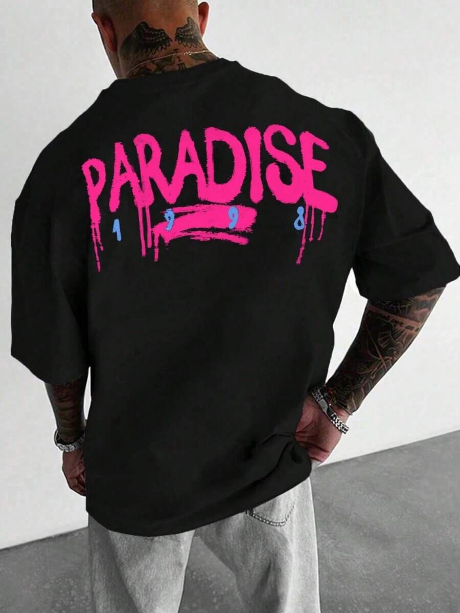 KX4Z Men's Simple Print Crew Neck T-Shirt - Black - View 1