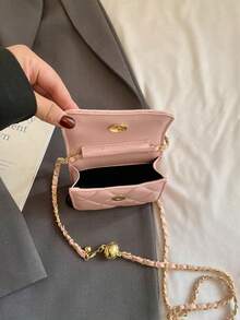 Spring And Summer , Simple And Versatile, High-End Texture, Rhinestone Embroidered Gold Ball Chain Strap, Can Be Worn Over One Shoulder Armpit, Mini Lipstick Bag - Pink - View 9
