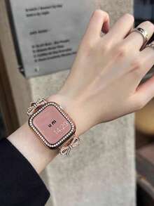 1 chiếc dây đeo đồng hồ nữ bằng da màu hồng đính nơ và kim cương, tương thích với Apple Watch 38/40/41/44/45/49/42/46mm Series 11/SE3/Ultra3/Ultra/SE/SE2/10/9/8/7/6/5/4/3/2/1 - Hồng - Xem 5