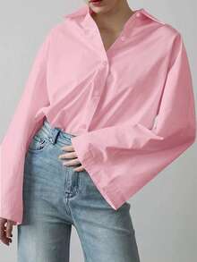 Women's Elegant Solid Color Casual Turndown Collar Long Sleeve Shirt, Polyester, Graceful For Office & Daily Wear, Spring/Summer Pink - Pink - View 4