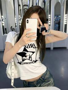 Camiseta de mujer de cuello redondo y manga corta, estilo "American Hot Girl", nueva para el verano con estampado de estrella de cinco puntas y estampado de letras, top corto ajustado de moda y casual - Blanco - Ver 6