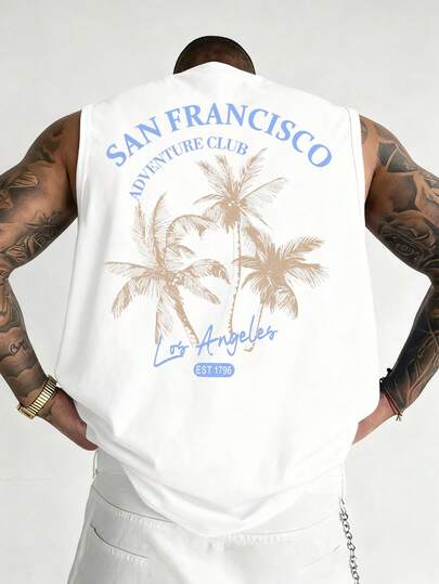 Camiseta de tirantes casual de hombre con estampado de árbol de coco y letras, versátil para el verano