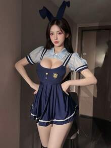 1套兔女郎军官制服，性感JK褶皱吊带裙，兔女郎军官校服套装 - 藍色 - 查看 4