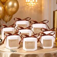 Hộp quà tặng 10 chiếc/gói, hộp giấy đa giác cầm tay có cửa sổ PET trong suốt, màu trắng mờ, thích hợp làm quà tặng tiệc tùng, tốt nghiệp, sinh nhật, đám cưới, Giáng sinh, quà tặng ngày lễ, đựng kẹo, bánh quy, đồ nướng. - Xem 16