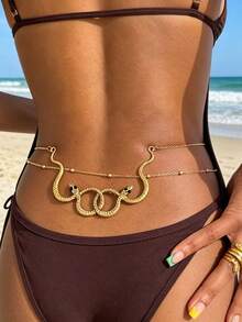 2件套性感双蛇金属腰链，时尚身体链饰品，适合派对、海滩、度假 - 金色 - 查看 3