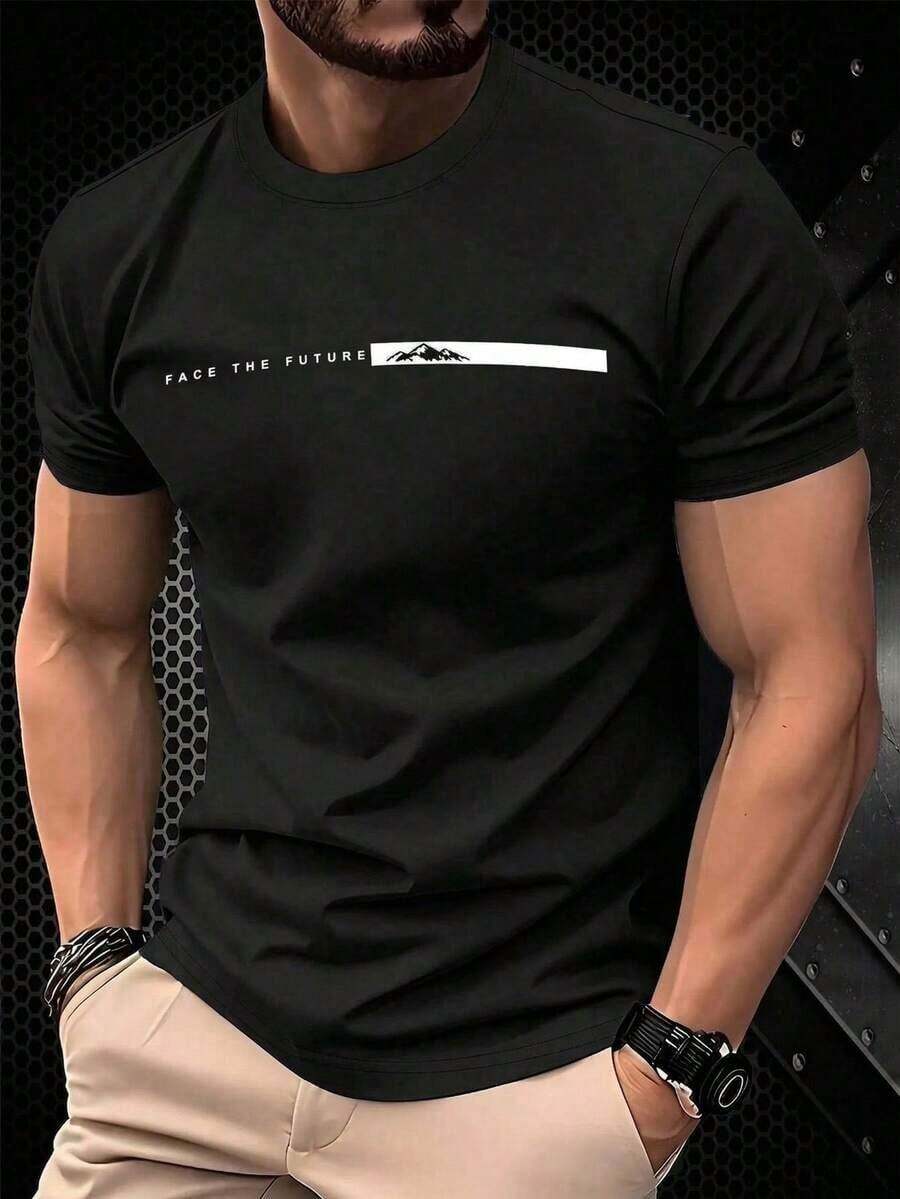 Men's Slim Fit Crew Neck Short Sleeve T-Shirt With Letter Print, Casual Summer T-Shirts For Men 0RVL - 黑色 - 查看 1