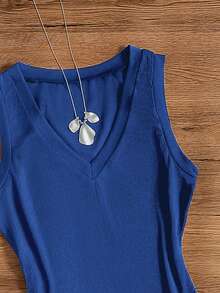 Women's Solid Color Elegant Casual Knit Fabric Split Bodycon Dress, Suitable For Vacation, Wedding, Birthday Party, Date, Spring/Summer - Blue - View 3