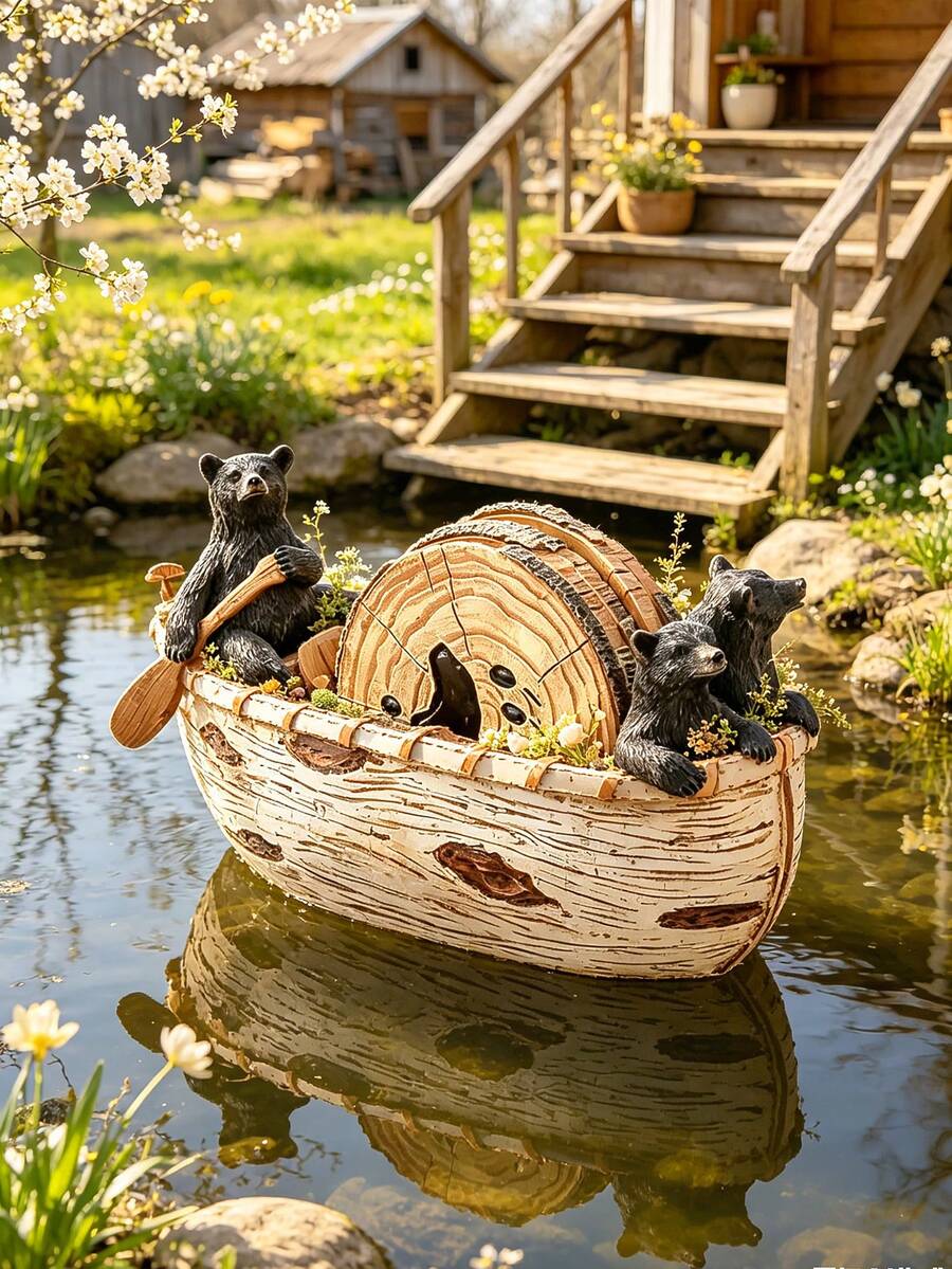 1pc Whimsical Resin Black Bear Family In Boat Statue, Cute Bears Rowing Canoe Water Feature Sculpture, Unique Outdoor Pond Decor For Garden, Patio, Lawn, Koi Pond & Backyard Landscape, Whimsical Fairy Garden Ornament, Perfect Housewarming Gift For Bear Lovers, Nature Enthusiasts - A - View 1