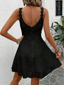 Vestido de espagueti con cordones de encaje de parche sólido para mujer que realza la cintura - Negro - Ver 2
