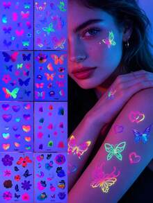 8pcs Dreamlike Colorful Butterfly & Floral Temporary Tattoo Stickers, Waterproof & Long-Lasting, Fresh Gradient Girl Style, Sweet & Romantic Atmosphere, Unisex For Wrist, Cheek Decoration, Mixed Designs With Fluorescent Effect - Multicolor - View 13