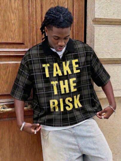  Fractyr 男士前后印花“Take The Risk”标语格子 Polo 衫，柔软触感撞色领街头风宽松短袖 T 恤，Y2K 休闲夏季上衣