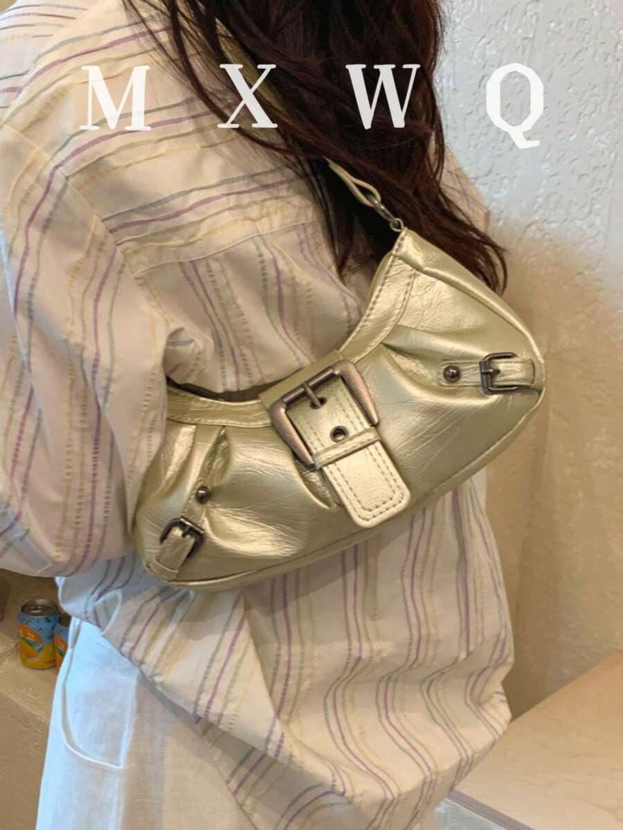 1个女士复古朋克铆钉装饰可调节肩带大容量柔软仿油皮渐变色单肩腋下包，适合工作、通勤、约会、派对等场合。