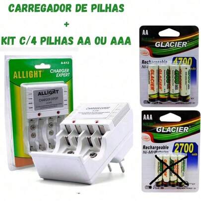 Carregador de Pilhas + 4 AA ou 4 AAA Recarregáveis (Selecionar Opção)