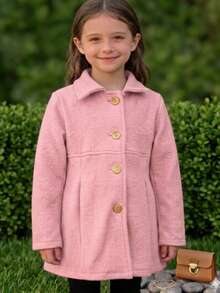 Girls' Soft Fabric Overcoat – Warm Coat With Front Buttons And Elegant Design For Winter - Rose - 查看 2