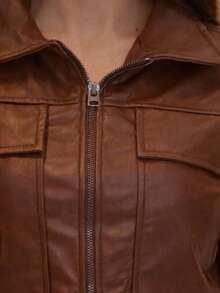 Women's Leather Set: Cropped Jacket, High-Waisted Pants With Zipper - Rust Brown - View 5