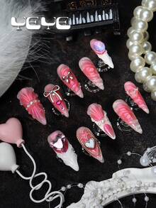 10pcs Press On Nails Stiletto Pink,White French Tips,Pink Heart Nail Gems,Bowknot,Butterfly,Gold Flora,Baddie Girls Full Coverage Acrylic Press On Nails Y2K Set,Rock Nail Art For Women And Girls,Nail Supplies For Festivals,Daily,Party,Wedding - Pink - View 4