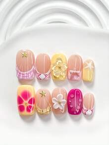 10片甜美風手工穿戴甲 Polygel 凝膠美甲套組，海星、蝴蝶結與小珍珠設計，粉色、黃色與紫色指甲油，度假風，附美甲工具，3種尺寸可選：方形、短方形、杏仁形，適合派對、跳舞、日常配戴 - 彩色 - 查看 4