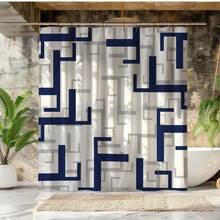 1pc 2D Geometric Pattern Navy Blue & Grey Abstract Pattern Shower Curtain, Durable Polyester Fabric, Waterproof, Easy To Hang, Bathtub Home Decor Upgrade, Elegant Minimalist Style Interior Design - Multicolor - View 4