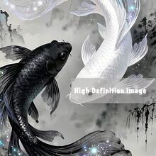 1件/套 幸运黑白锦鲤帆布海报,中国水墨画,点缀星光,风水美学家居装饰,东方风格墙饰,现代家居装饰,帆布油画,不含画框 - 復古的 - 查看 5