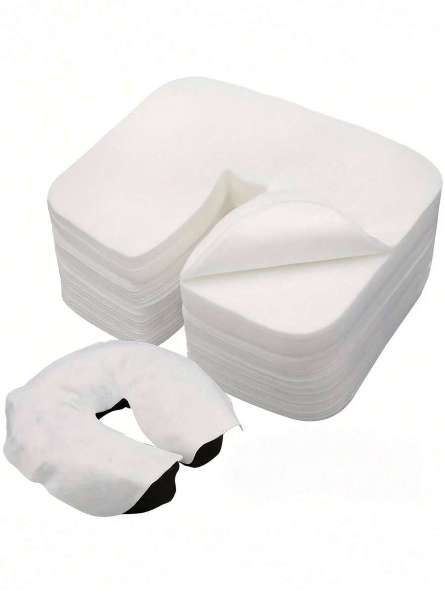 100片装 SMS一次性摇篮式枕套，超柔软按摩U型孔面巾，奢华不粘按摩面膜，按摩床和按摩椅头枕套 - 白色 - 查看 1