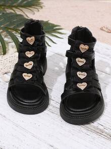 1 Pair Girls' Roman Sandals, Solid Color Soft Multi-Layer Criss-Cross Straps + Shiny Heart-Shaped Rhinestone Buckle Decor, Round Toe Open Toe Elastic Non-Slip Platform Sole, Heel Zipper Design, Fashion Sweet Princess High-Top Sandals, Suitable For 3-12 Years Old Girl Students Daily, School, Festival, Performance, Travel, Vacation, Spring/Summer New Arrival - Black - View 7