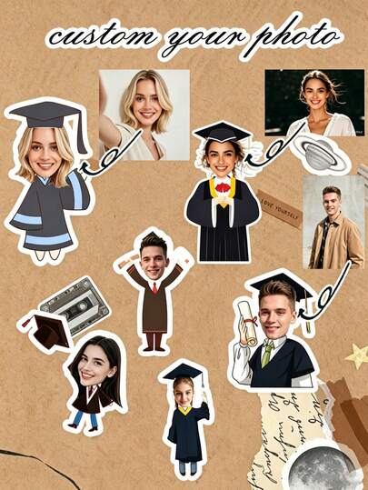 20/40/60 piezas Pegatinas personalizadas de temporada de graduación, avatares de pegatinas personalizados, sube una foto para personalizar avatares de pegatinas, pegatinas de temporada de graduación adecuadas para scrapbook, diario, cuaderno, portátil, parachoques, monopatín, botella de agua, computadora, teléfono, dibujos animados, casco, pegatinas para automóvil