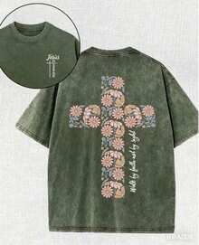 Summer Tops2026Christian Washed T-Shirt, Jesus, Faith, Floral Cross Pattern T-Shirt "Walk By Faith Not By Sight","Jesus Is Coming Soon", Religious Ele - 軍綠色 - 查看 12