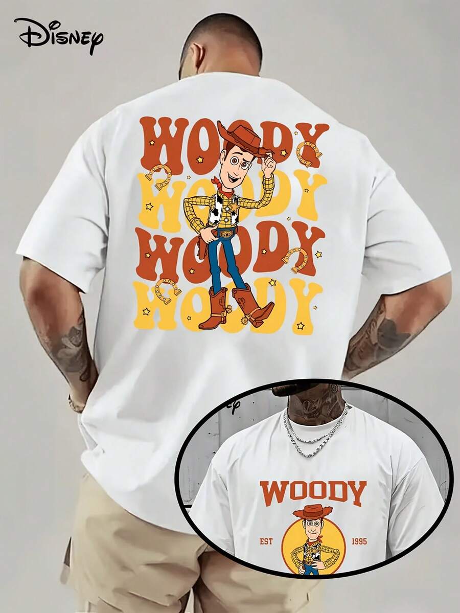 [Disney Licensed]Disney Toy Story Sheriff Woody Retro Western Cartoon Graphic T-Shirt, Men's Oversized Front & Back Print Short Sleeve Tee, Vintage Cowboy Streetwear Top For Summer Daily Wear, Toy Story Fans Gift, Back To School, Disney World Outfit & Casual Outings, Disney Officially Authorized Men's Short-Sleeved T-Shirts, Mens Clothes, Men, Ropa De Hombre, Summer Clothes, Men Shirts, Graphic Tees, Disney Outfits Men, Graphic Tees, Camisetas Para Hombre, Camisas Para Hombre, Summer Outfits For Men, Father's Day Gift, Perfect Gift For Family And Friends, Which Are Necessary For Birthday Parties, Disney Shirts, Mens Clothes, Summer Clothes, Officially Licensed Disney T-Shirts, Disney Men's And Women's Spring/Summer Fashion Casual Short-Sleeve T-Shirts - White - View 1