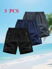 Pantaloni scurți sport 3 buc, model imprimat, talie cu șnur și buzunare cu fermoar, potriviți pentru alergare, fitness, activități în aer liber, plajă, baschet, fotbal, antrenament, vară neagră - Negru - Vizualizare 1