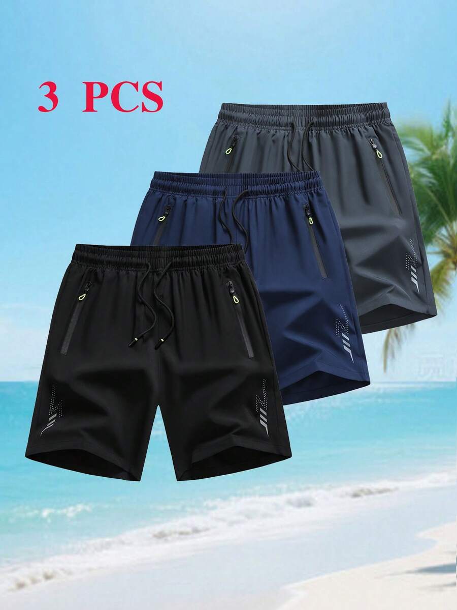 Pantaloni scurți sport 3 buc, model imprimat, talie cu șnur și buzunare cu fermoar, potriviți pentru alergare, fitness, activități în aer liber, plajă, baschet, fotbal, antrenament, vară neagră - Negru - Vizualizare 1