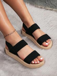 Sandal Platform Wanita Minimalis dengan Tali Elastis Anyaman - Hitam - View 3