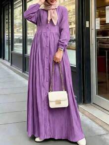 女士纯色长袖单排扣休闲阿拉伯连衣裙 - 紫色 - 查看 4