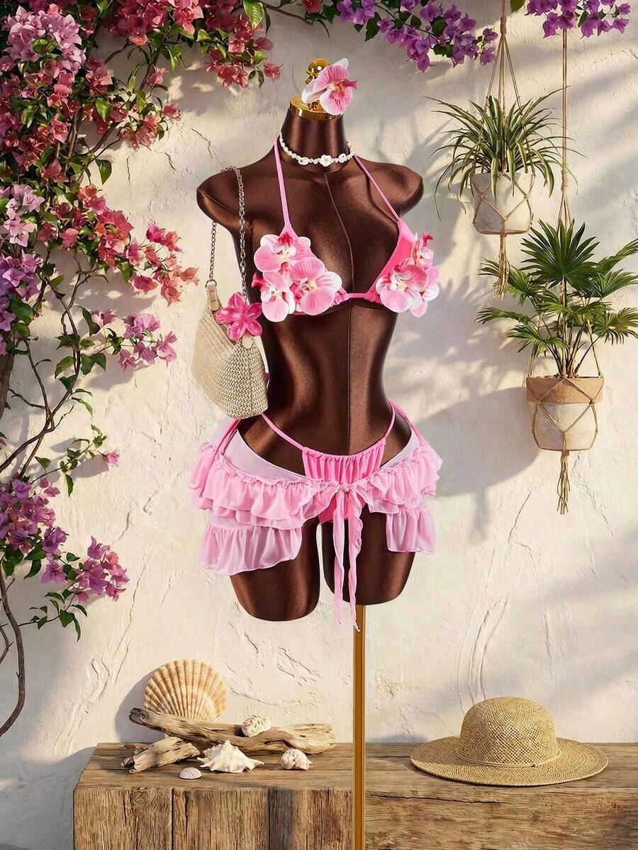 3pcs Women's Swimwear Set With 3D Floral Cups, Butterfly Orchid Cups Paired With Solid Color Lining And Ruffle Hem Cover-Up With Front Tie Beach Vacation Outfits For Women - Hồng - Xem 1