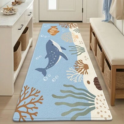 1 件海洋元素地毯，简约蓝色鱼群图案，适用于浴室、厨房、户外、室内、走廊、卧室、客厅